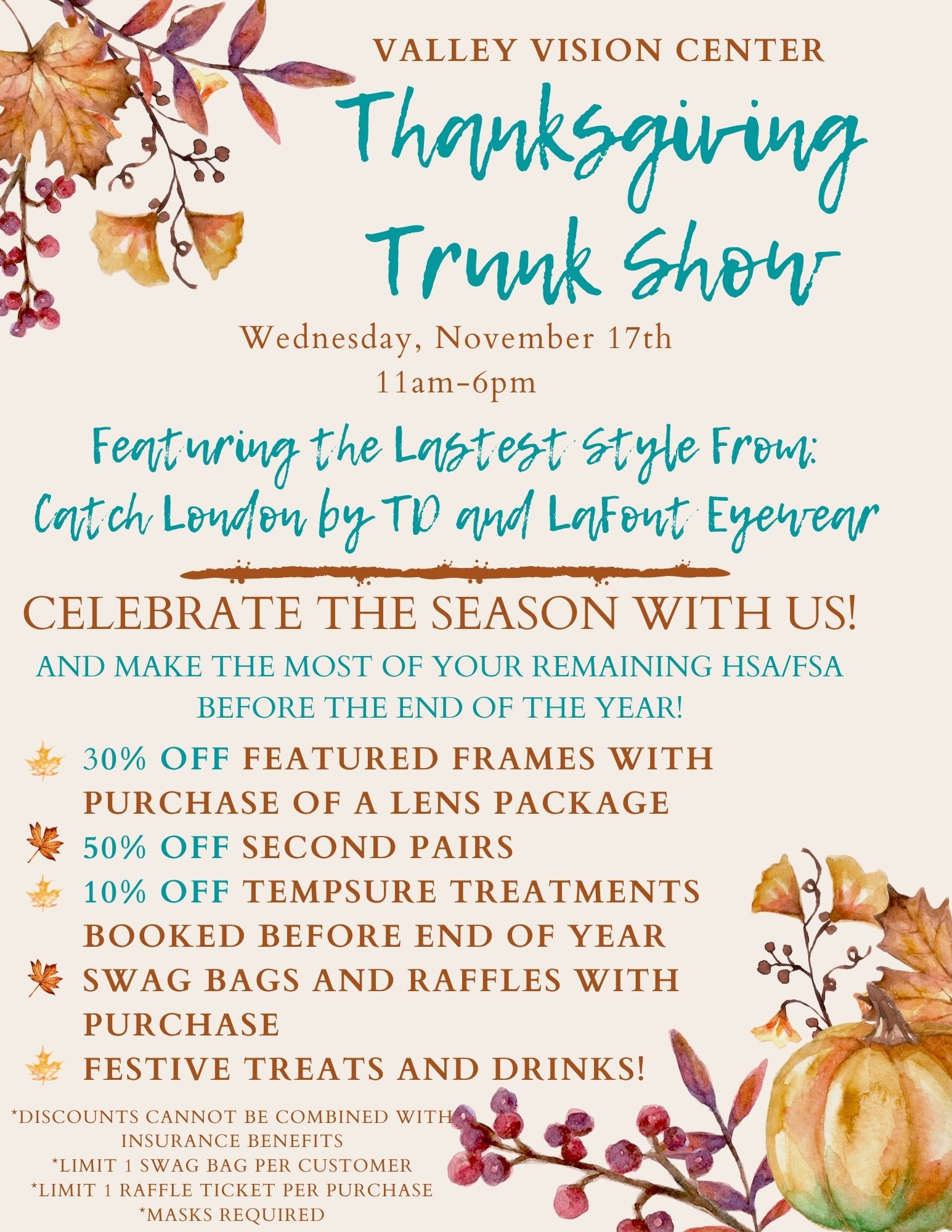 flyer for Thanksgiving Trunk Show – Weds, Nov 17th